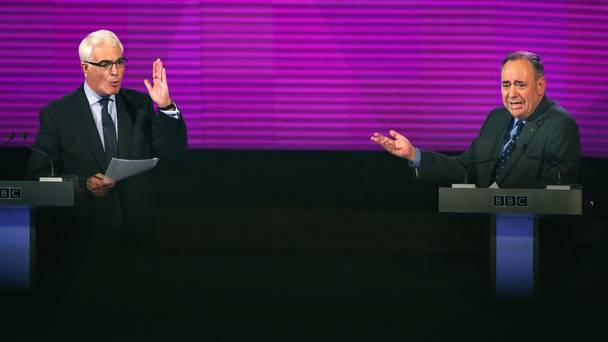 Better Together leader Alistair Darling and Scottish First Minister Alex Salmond during their second TV debate in Glasgow